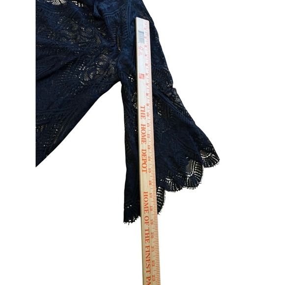 Black Lace Kimono Cardigan Sheer Floral Scalloped Handkerchief Hem OS Resortwear - Picture 7 of 9